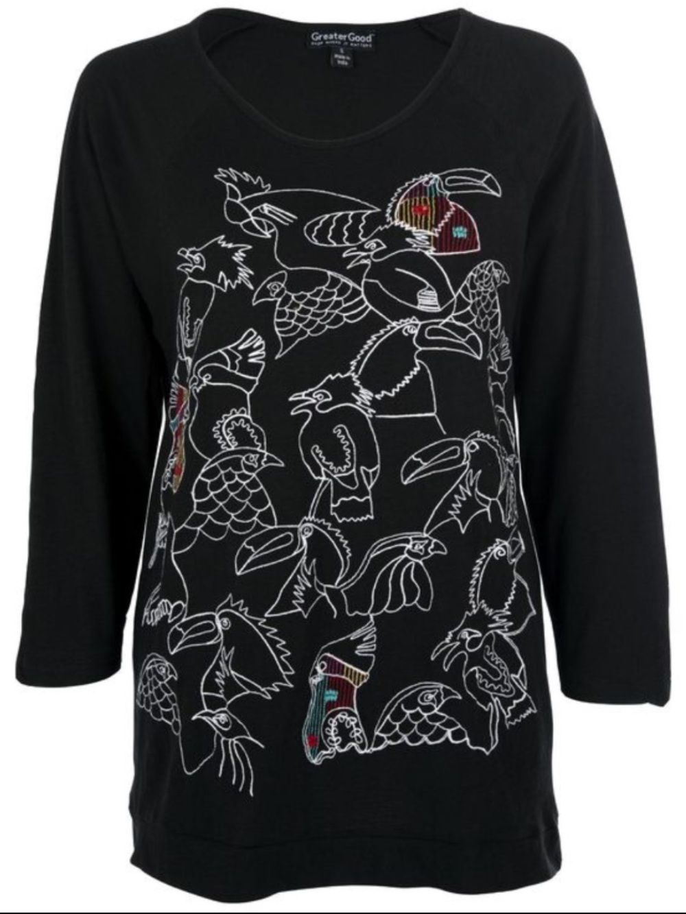 Greater Good Embroidered Bird Tunic Top in Black and White Size 1X 100% Cotton